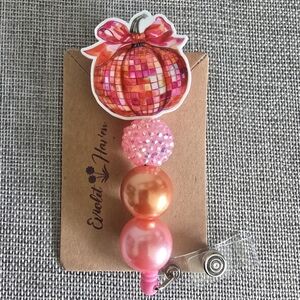 Pumpkin Fall Harvest Orange Pink Beaded Retractable Name Badge ID Reel Holder
